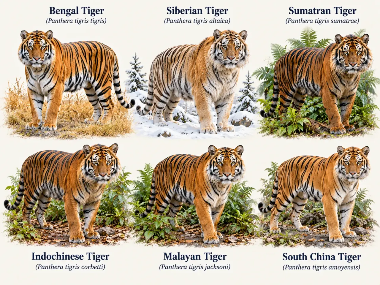 Six tigers shown side by side with their names: Bengal, Siberian and Sumatran tigers on the top row, and Indochinese, Malayan and South China tigers on the bottom row, each standing in its own habitat