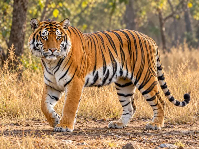 Bengal tiger standing in dry grassland at the edge of a forest