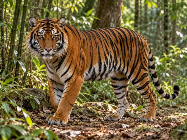 Indochinese tiger with narrow, closely spaced stripes in a hill forest with bamboo