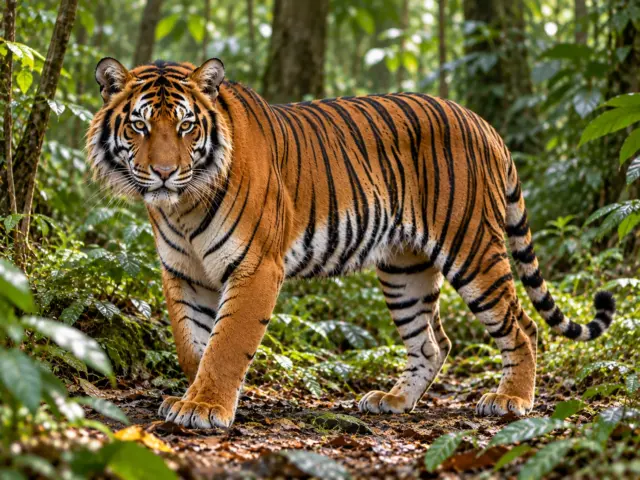 Malayan tiger with a deep orange coat walking through tropical rainforest
