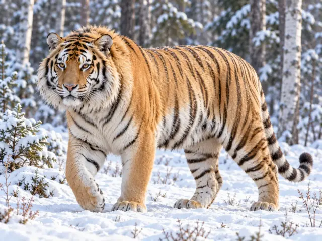 Siberian tiger with a thick pale winter coat standing in a snowy forest