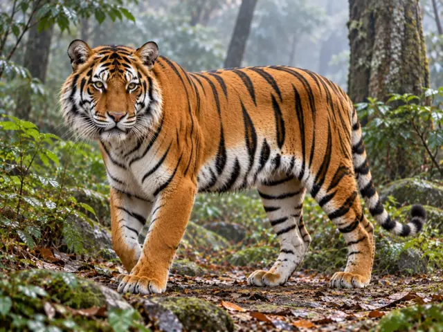 South China tiger with broad, widely spaced stripes in a misty subtropical forest