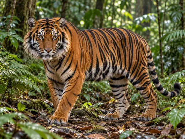 Sumatran tiger with dark orange fur and close-set stripes in a rainforest